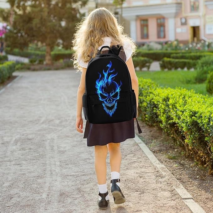 Polyester Daypack for Camping Travel Walking Cycling, Big Capacity Anti-Theft Multipurpose Bookbag, Skull Blue Fire Camping Outdoor Backpack