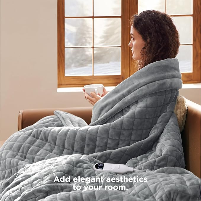 Bedsure Heated Blanket Throw Blanket - Quilted Electric Blanket, Soft Flannel Thick Heating Blanket with 4 Time Settings & 6 Heating Settings, Warm Gifts for Women Men (50x60 inches, Formal Gray)