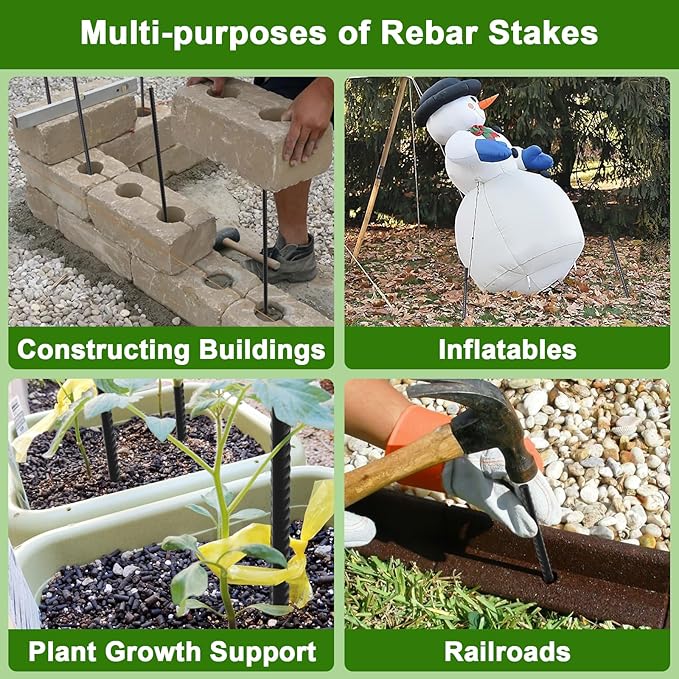 AAGUT 16 Inch Rebar Stakes Heavy Duty 16 Pack 3/8" Diameter Landscape Timber Spikes, Straight Stakes with Chisel Point End, Ground Anchors for Camping Tent, Garden Plant Support, Concrete, Black