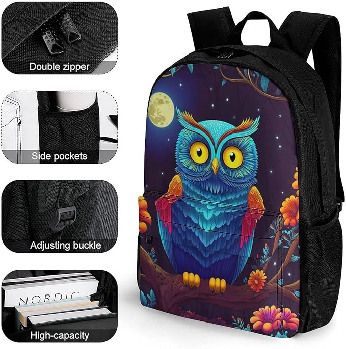 Supdreamc Lightweight Daypack Backpack for Trekking Work Running, Big Capacity Multipurpose Anti-Theft Bookbag, Trippy Owl Red Floral Moon Art Business Computer Bag