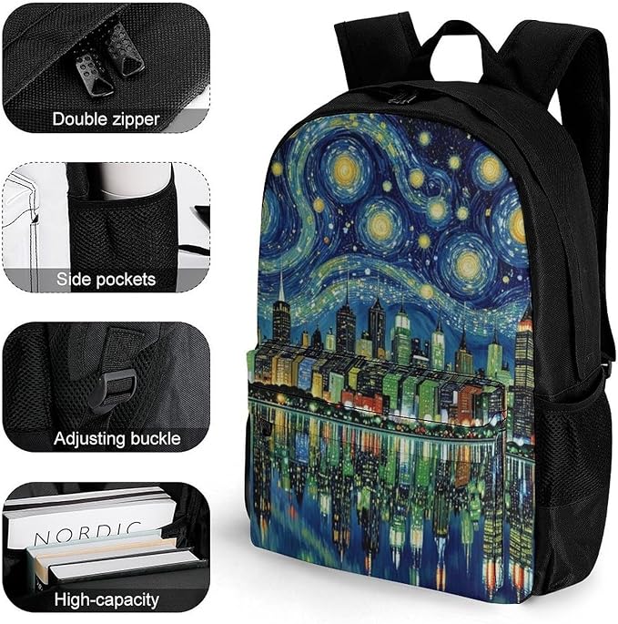 Supdreamc Women Men Polyester Chicago City Skyline Night View Starry Sky Painting Casual Daypack Large Capacity Bookbag With Side Pockets for Sports Picnic Walking Cycling