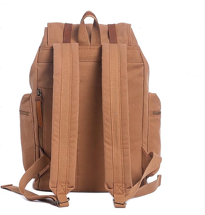 HuaChen Vintage Canvas Travel Backpack with Leather Trim, Laptop Padded Sleeve, Hidden Back Security Pocket, Fits 14-Inch, M32 Tan