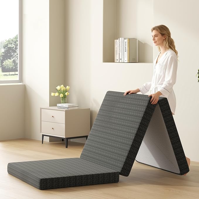 4 Inch Gel Memory Foam Mattress Twin Size, Portable Tri-Folding Mattress with Washable Cover, for Guest Bed, Camping, Travel, Dormitory, Black