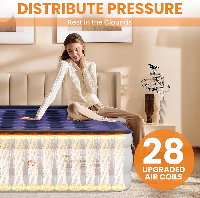 Full Air Mattress with Built-in Pump, 18 Raised Inflatable Air Mattress, 600 lbs Max Honeycomb Comfortable Air Bed with Storage Bag, for Camping, Home and Guest Use