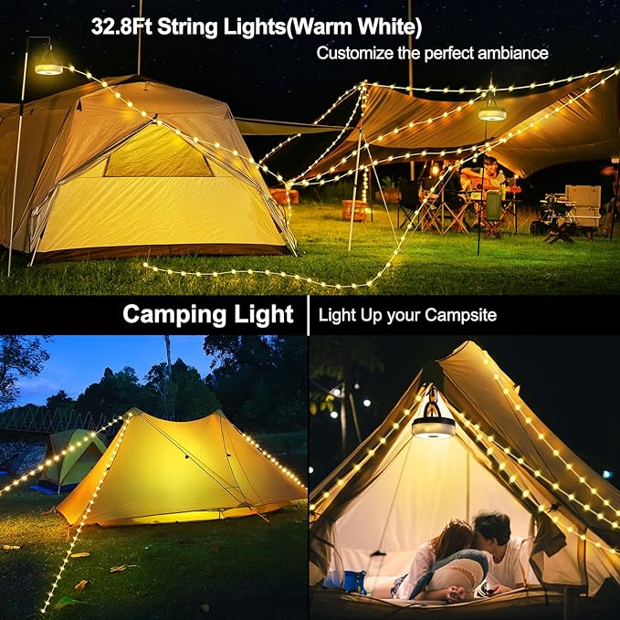 SMY Lighting 3 in 1 Camping String Light Rechargeable(32.8Ft), Warm White Portable Outdoor String Lights, Tent Fairy Lights, Multi-Modes & Brightness,USB RV Awning Lights for Camper, Hiking and Yard