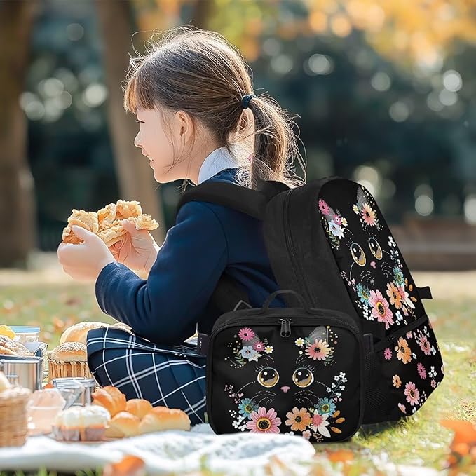 HUGS IDEA Floral Cat Backpack for Girls Cute Bookbag for Kids School Backpack for Girls with Lunch Box Lightweight School Bag for Elementary Students Hiking Rucksack
