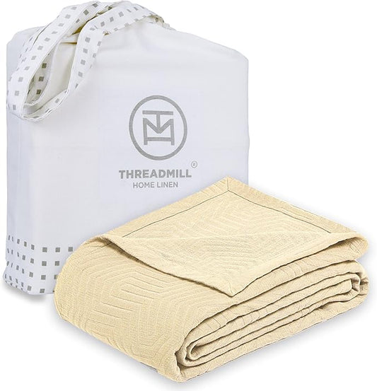 Threadmill Luxury Cotton Blankets for Twin Size Bed | All-Season 100% Cotton Twin Blanket for Bed | Aster Jacquard Lightweight, Soft & Cozy Coverlet, 350GSM, 68 x 90 inches | Vanilla Cream