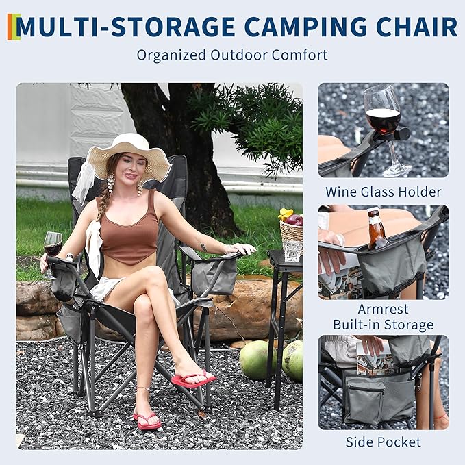 Oversized Padded Camping Chairs, Hevy Duty Folding Camp Chair - 500Lbs Support for Adults - Comfortable Camping Chair with High Back & Pillow, 2 Pack