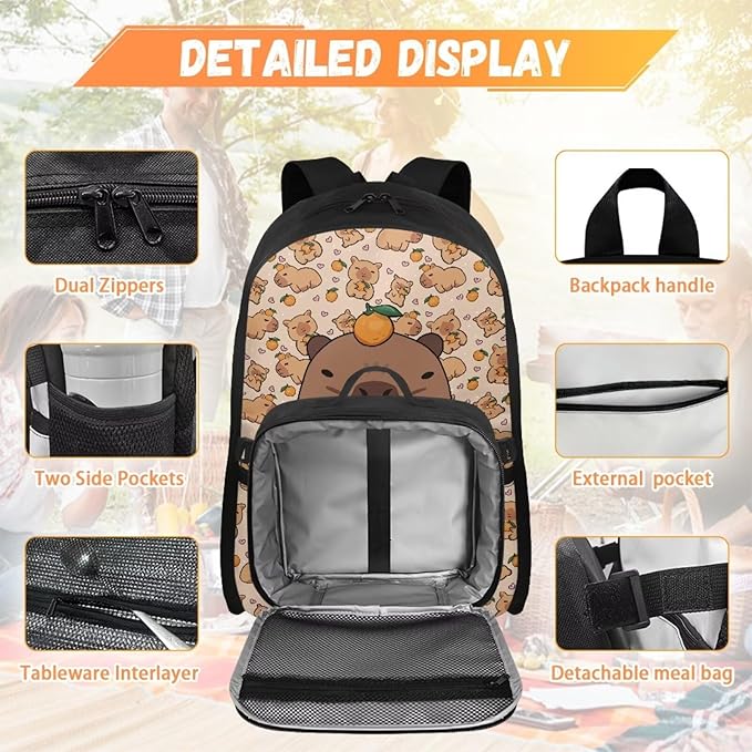 HUGS IDEA Orange Capybara School Backpack for Girls 8-10 with Lunchbox Backpacks for Elementary Students School Bag Large Capacity School Book Bag for Kids Casual Travel Daycare