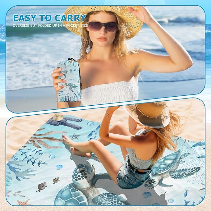 Beach Blanket Waterproof Sandproof, Sea Turtle Oversized Extra Large Picnic Mat 83"×95"/8 × 7 FT for 1-7 Adults for Travel Camping Hiking, Quick Drying Lightweight Beach Vacation Essentials