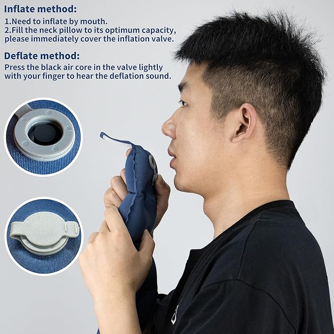 ONTYZZ Blue Inflatable Travel Pillow 360° Head Support Aircraft Neck Pillow Skin-Friendly Fabrics Relief Prevent Snoring of Cervical Spine Pressure for Camping Airplane Office Home Travel
