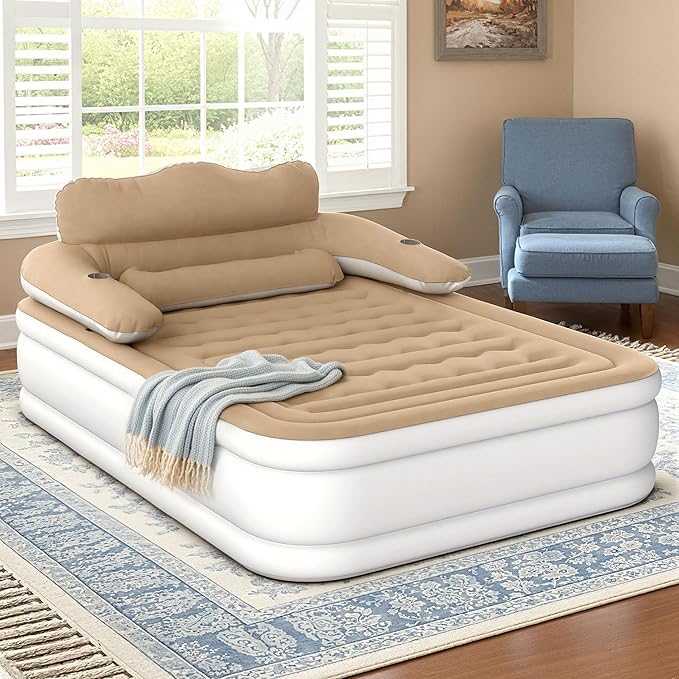 DWVO FullXL Size Air Mattress with Headboard & Cup Holders, Blow Up Bed with Built-in Pump & Carry Bag, Fast Inflation Air Bed for Home, Guests & Camping, 80" x 53" x 18", Brown