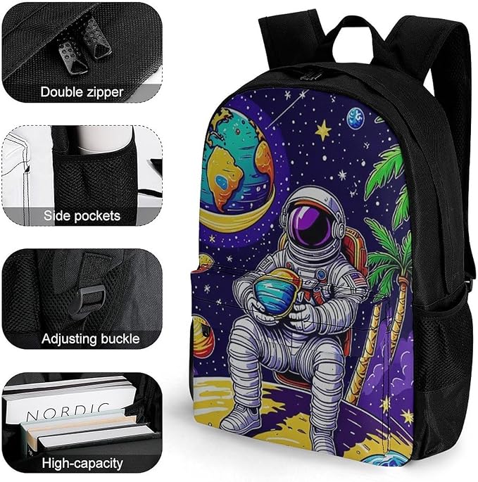 Daypack Bookbag Anti-Theft Multipurpose Large Capacity Bookbag, Space Astronaut Galaxy Palm Tree Art Travel Hiking Camping Rucksack With Adjustable Shoulder Straps