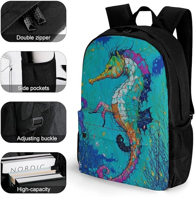 Supdreamc Rucksack Anti-Theft Multipurpose Big Capacity Carry On Bag, Seahorse Art Traveling Camping Backpack With Side Pockets