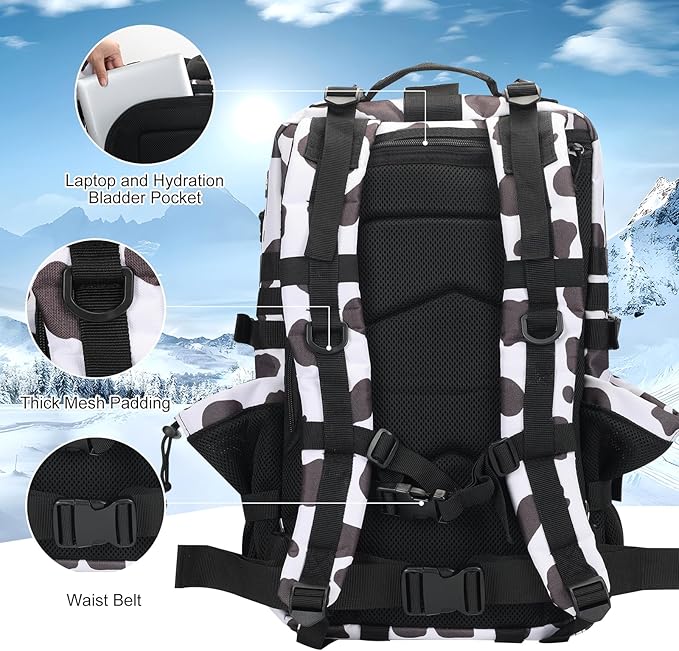 45L MOLLE Assault Backpack, Tactical Backpack Military Army Camping Rucksack with Bottle Holder, 3-Day Pack Trip w/USA Flag Patch, D-Rings, Cow Color