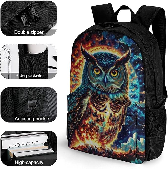 Lightweight Daypack Backpack for Sports Travel Running, Large Capacity Multipurpose Anti-Theft Bookbag, Galaxy Nighthawk Owl Laptop Backpack Daypack