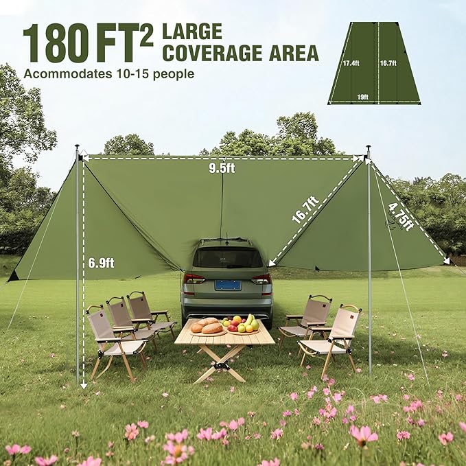 REDACMP 19ft x17ft Large Car Awning Tarp with 2 Poles & 2 Suction Cup Hooks, Waterproof Camping Tarp Hammock Rain Fly with UV Protection Sun Shelter for SUV,Van,Overland Camping,Tailgate Canopy,Green