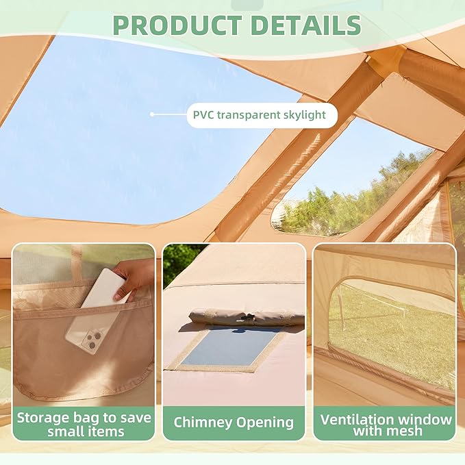 EROMMY 4/6/8/12 Person Inflatable Tent with Skylight, 4 Season Blow Up Tents with Hand Pump for Outdoor Camping & Hiking, Easy Set-up Windproof Sunproof Waterproof