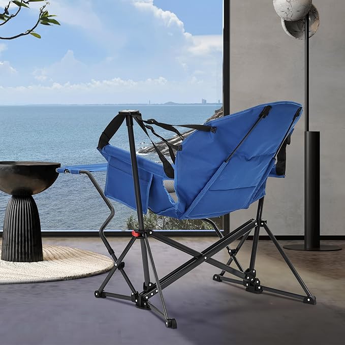 Ainfox Hammock Camping Chair with Footrest, Heavy Duty Foldable Portable Rocking Hammock Chairs Outside Swinging Camp with Cup Holder Pillow for Outdoor Patio Poolside Black Blue