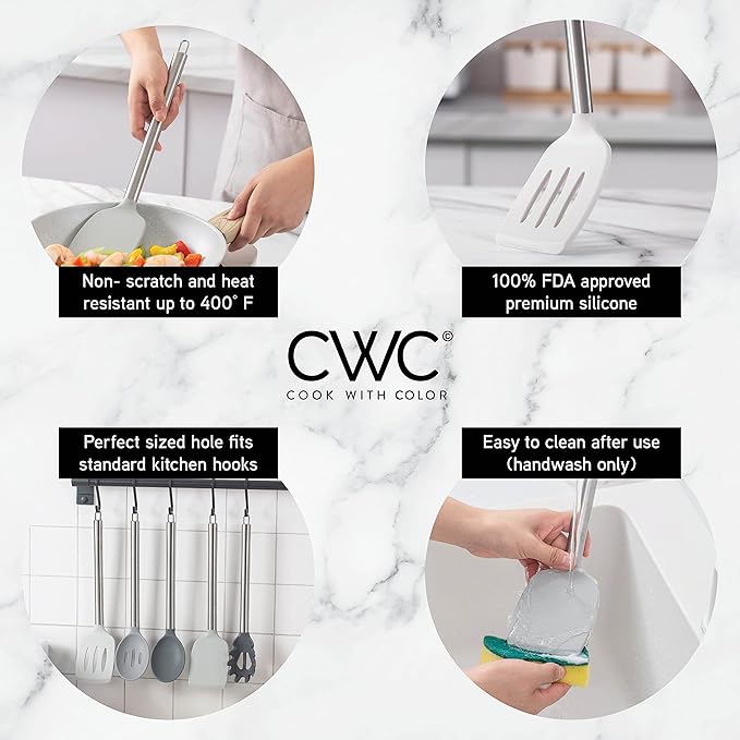 COOK WITH COLOR Silicone Cooking Utensils, Kitchen Utensil Set, Easy to Clean Silicone Kitchen Utensils, Cooking Utensils for Nonstick Cookware, Kitchen Gadgets Set, 5 Pieces, Grey Ombre