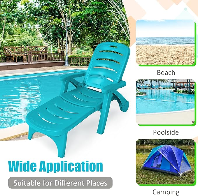 Tangkula Outdoor Chaise Lounge Chair, Adjustable 5-Position Recliner Chair with Built-in Wheels, Weather-Resistance Folding Lounge for Patio, Backyard, Poolside and Beach (2, Turquoise)