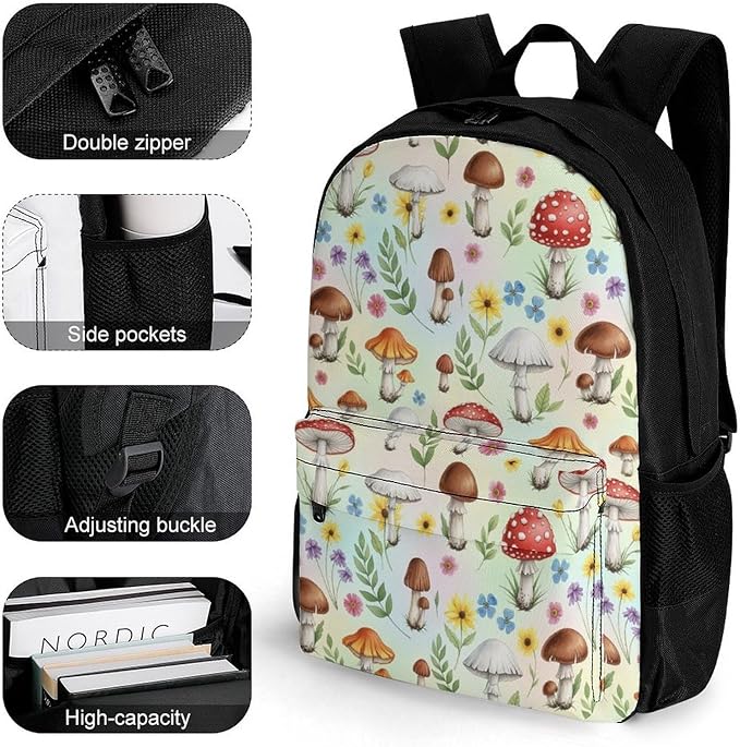 Sturdy Rucksack for College Bookbag and Outdoor Hiking with Large Capacity Floral Mushrooms Men Women