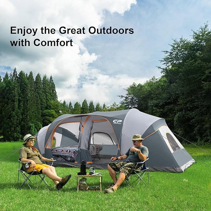 CAMPROS CP Tent 12-Person-Camping-Tents,3 Room Family Tents,Waterproof Windproof Family Tent with Top Rainfly,6 Large Mesh Windows,Double Layer,Easy Set Up, Portable with Carry Bag-20' x 9' x 72"(H)