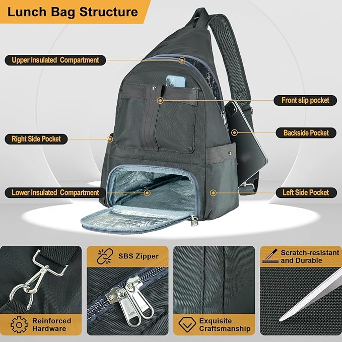 Crossbody Lunch Backpack, Double Deck Insulated Lunch Box for Men Women Adult, Leakproof Lunchbox with Side Pokets for iPad, Large Cooler Bag for Work Office Hiking Beach Picnic, Grey