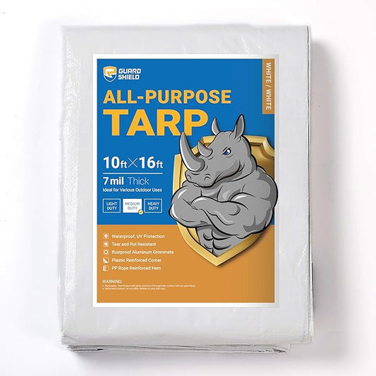GUARD SHIELD White Tarp 10x16 Feet Medium Duty All Purpose Poly Tarps Cover 7mil