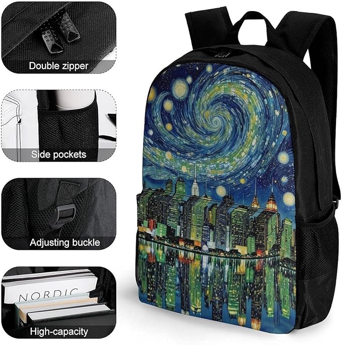 Supdreamc Adults Lightweight Chicago City Skyline Night View Starry Sky Painting Rucksacks Large Capacity Bookbag With Adjustable Shoulder Straps for Trekking Outdoors Bicycle