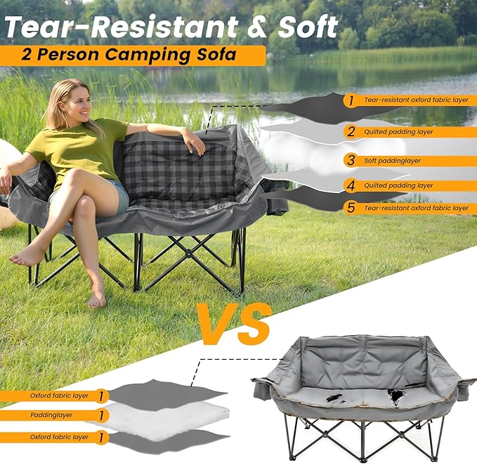 QUYUAN Double Camping Chair for Adult, Heavy Duty Folding Chair for 800lbs, Comfortable Lawn Chairs with Fully Padded, Camp Chairs for Outdoor Sports, Fishing, Concerts, Beach, Gray Camping Loveseat