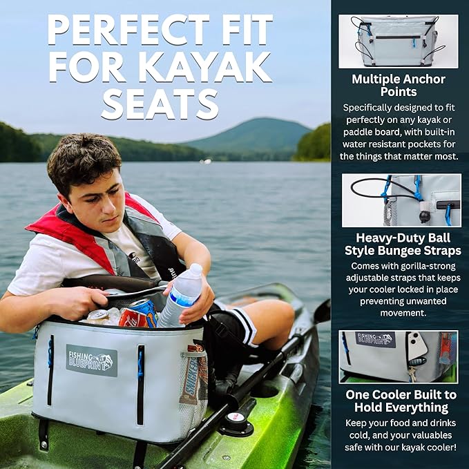 Kayak Cooler Behind Seat – Small Portable Cooler Bag for Kayak Seat Storage, Kayak Accessories for Fishing, Kayak Crate, Insulated Soft Sided Cooler Bag for Paddle Board Cooler - Fishing Blueprint