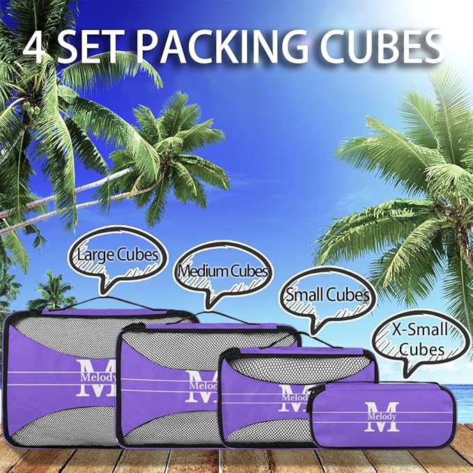 Custom Packing Cubes with Name, 4Pcs/Set Travel Luggage Packing Organizers Set for Women, MediumPurple with Initial Letter
