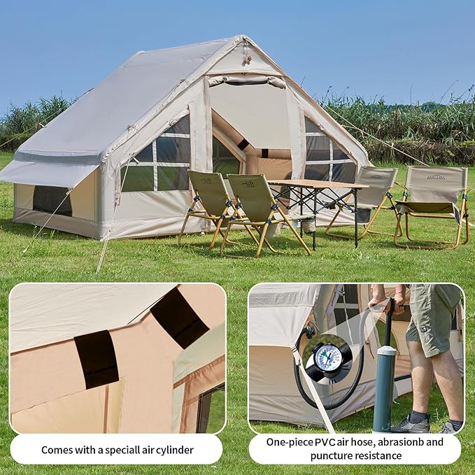 Inflatable Tents for Camping with Stove Jack, 2/4/6/8 Person Easy Setup Blow Up Tents for 4 Seasons Waterproof Inflatable Camping Tent with Awning, Air House Glamping Tents for Camping Adult