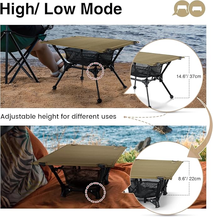 ONETIGRIS Dipper Camping Table, Lightweight Portable Folding Table with Mesh Storage Net, High/Low Options, Ideal for Camping, Hiking, Tailgating, Beach, Picnic, Travel, Backyard