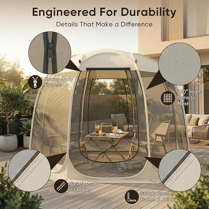 TABU Pop Up Screen House Tent, 12x12 FT Screen Room Canopy with Mosquito Mesh, Instant UV Resistant Shelter with Carry Bag, for 8-10 Person, Beige