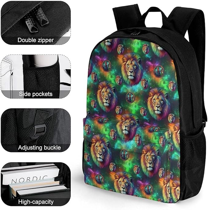 Backpack Polyester Anti-Theft Multipurpose Green Galaxy Lion Bookbag Large Capacity Laptop Book Bag Rucksack With Side Pockets
