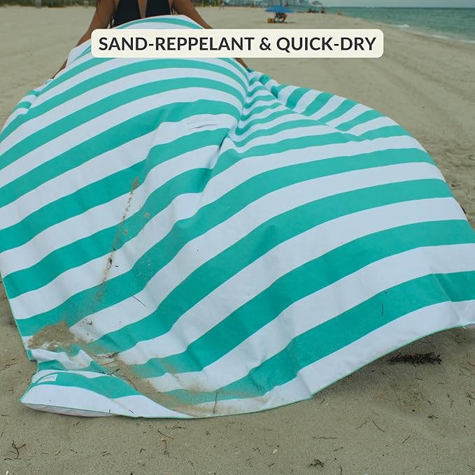 Plush Microfiber Beach Blanket, Extra Large Beach Mat for 3-6 Persons, Sandproof, Windproof | Hole for Umbrella, Corner Sand Pockets to Fight Wind (Bag for Blanket Included)