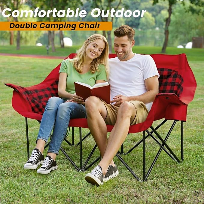 QUYUAN Double Camping Chair for Adult, Heavy Duty Folding Chair for 800lbs, Comfortable Lawn Chairs with Fully Padded, Camp Chairs for Outdoor Sports, Fishing, Concerts, Beach, Red Camping Loveseat
