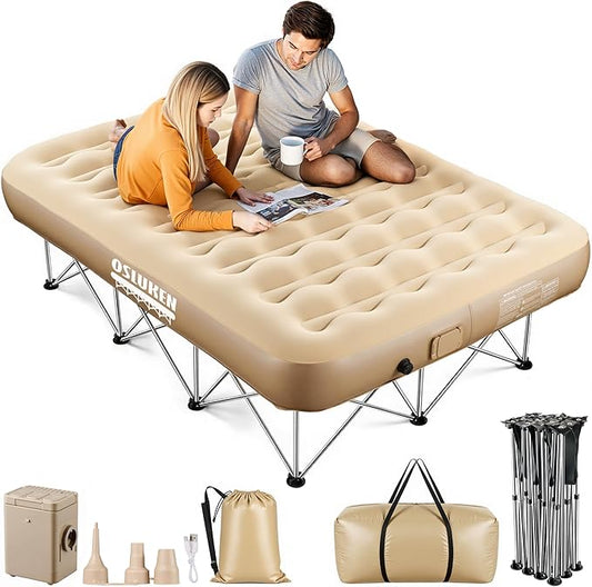 Queen Air Mattress with SUS Frame & Built in Pump, 25" Raised Self Inflating Blow Up Airbed, 500 LBS Capacity Portable Inflatable Bed on Stand for Guest, Travel, Vacation, Camping, 80" x 60"