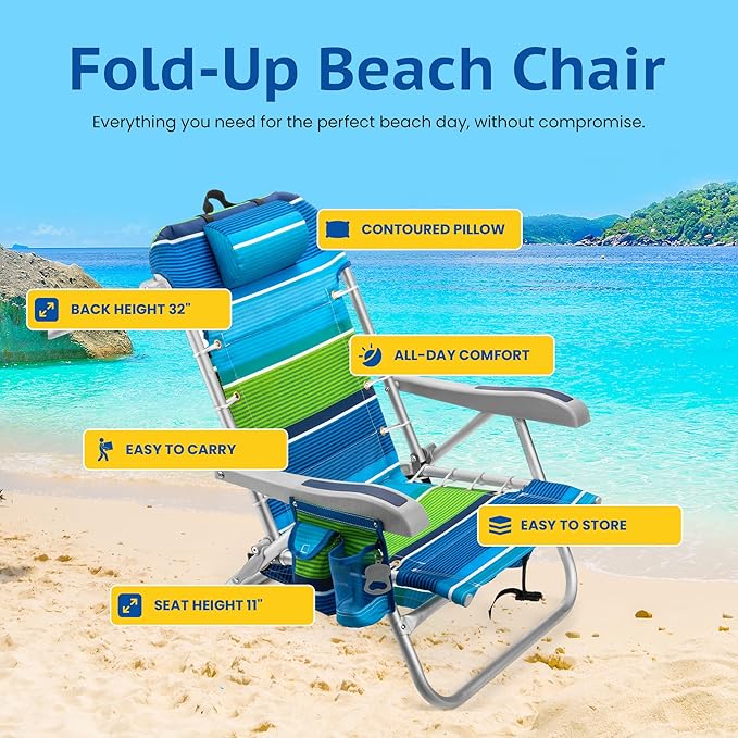 Homevative Cooler+ Folding Backpack Beach Chair with 5 Positions, Towel bar, XL Cooler Pouch, Storage Net, Cup and Phone Holder, Deep Sea, 2 Pack