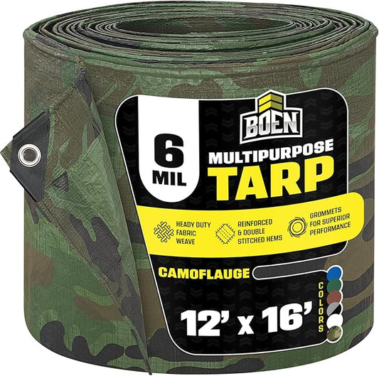 Multi-Purpose Large Tarp Waterproof Cover | Camo, 12' x 16' 6 Mil Thick | Rip Proof Tarps | Thick Weave Material, UV Resistant Great for Tarpaulin Canopy Tent, Boat, RV or Pool Cover