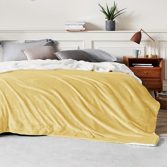 Bedsure GentleSoft Sherpa Fleece Blankets King Size for Bed - Thick and Warm, Soft Fuzzy Plush King Blanket for Winter, Yellow, 108x90 Inches
