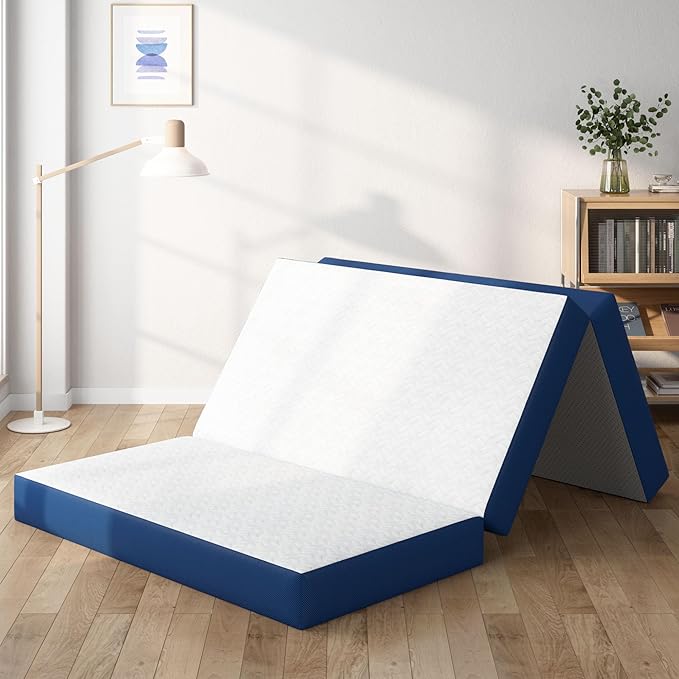 6 Inch Gel Memory Foam Mattress Twin Size, Portable Tri-Folding Mattress with Washable Cover, for Guest Bed, Camping, Travel, Dormitory, White & Blue