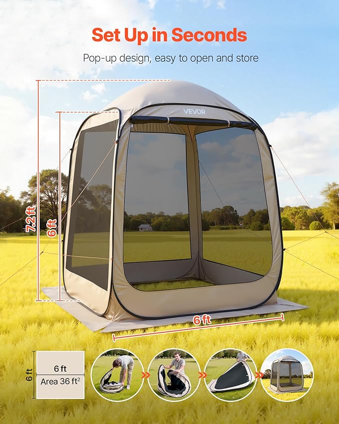 Screen House Tent VEVOR 6x6FT Pop-Up Screen Tent for 4–6 Person, Portable Screen Room Gazebo with Netting, Carry Bag & Ground Stakes, Instant Screen Canopy for Patio Backyard Garden Camping