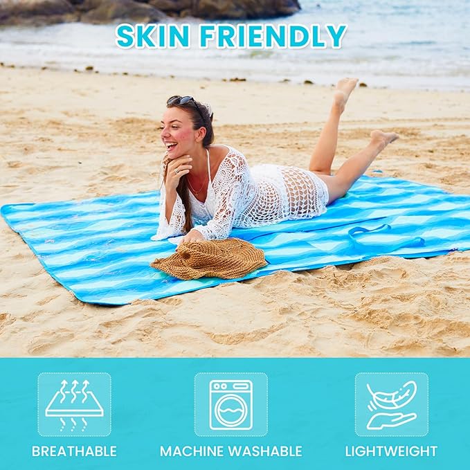 #WEJOY 3 in 1 Outdoor Picnic Blanket, Padded 3 Layers Beach Blanket, 80x60'', 4 Person, Easy to Fold, Waterproof for Lawn,Camping, Park (Blue)