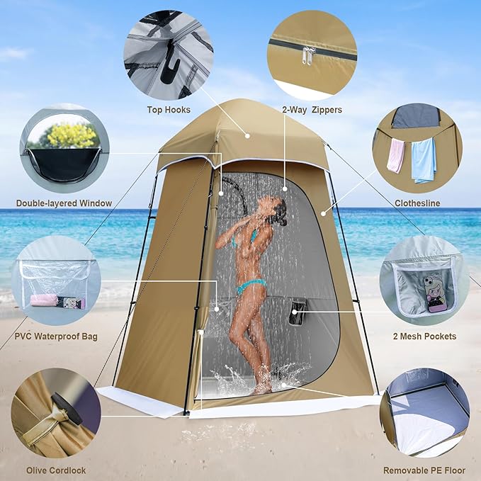 Camping Shower Tent, 7.9 FT Extra Tall Oversize Privacy Tent, Portable Outdoor Bathroom Toilet Tent with Floor, Easy Set Up Privacy Shelter for Dressing, Hiking, Fishing, UPF50+