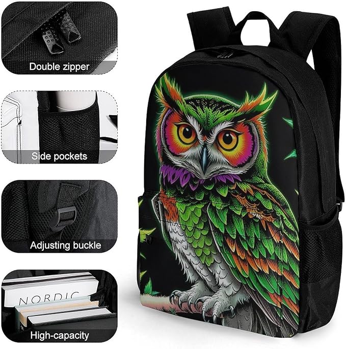 Men Women Lightweight Owl Green Weedleaf Art Casual Daypack Large Capacity Bookbag With Adjustable Shoulder Straps for Gym Business Bicycle