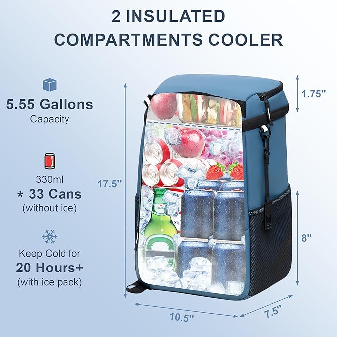 SPARTER Backpack Cooler Insulated Leak Proof 33/49 Cans, 2 Insulated Compartments Thermal Bag, Portable Lightweight Beach Travel Camping Lunch Backpack for Men and Women
