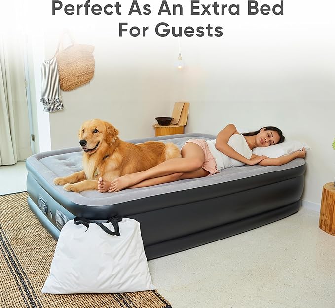 Queen Air Mattress with Built in Pump, Inflatable Mattress for Home, Blow up Air Bed 3 Min Quick Inflation and Deflation, Thin Velvet Top, 22'' Queen Size Gray